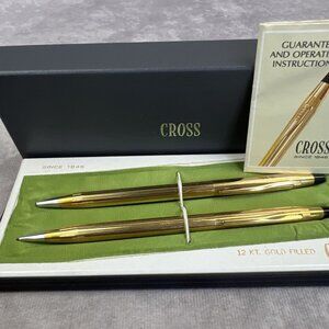 Vintage Cross 12K Gold Filled Pen Pencil Box Set 6601 Blue Ink Made In USA